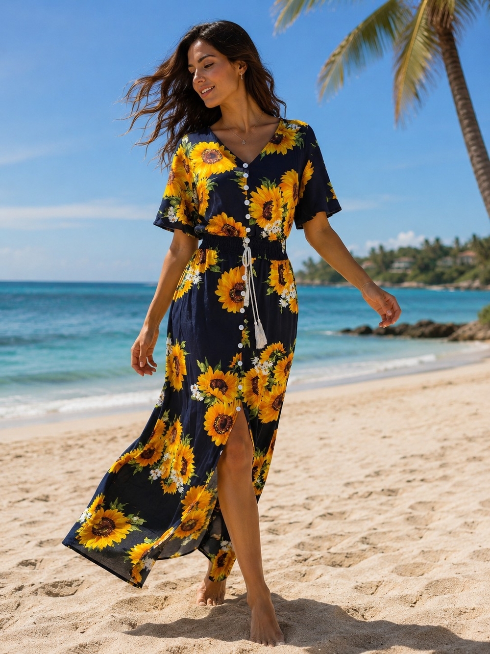 Women's Sunflower Floral Maxi Dress Navy Blue Boho Button Front Flutter Sleeve